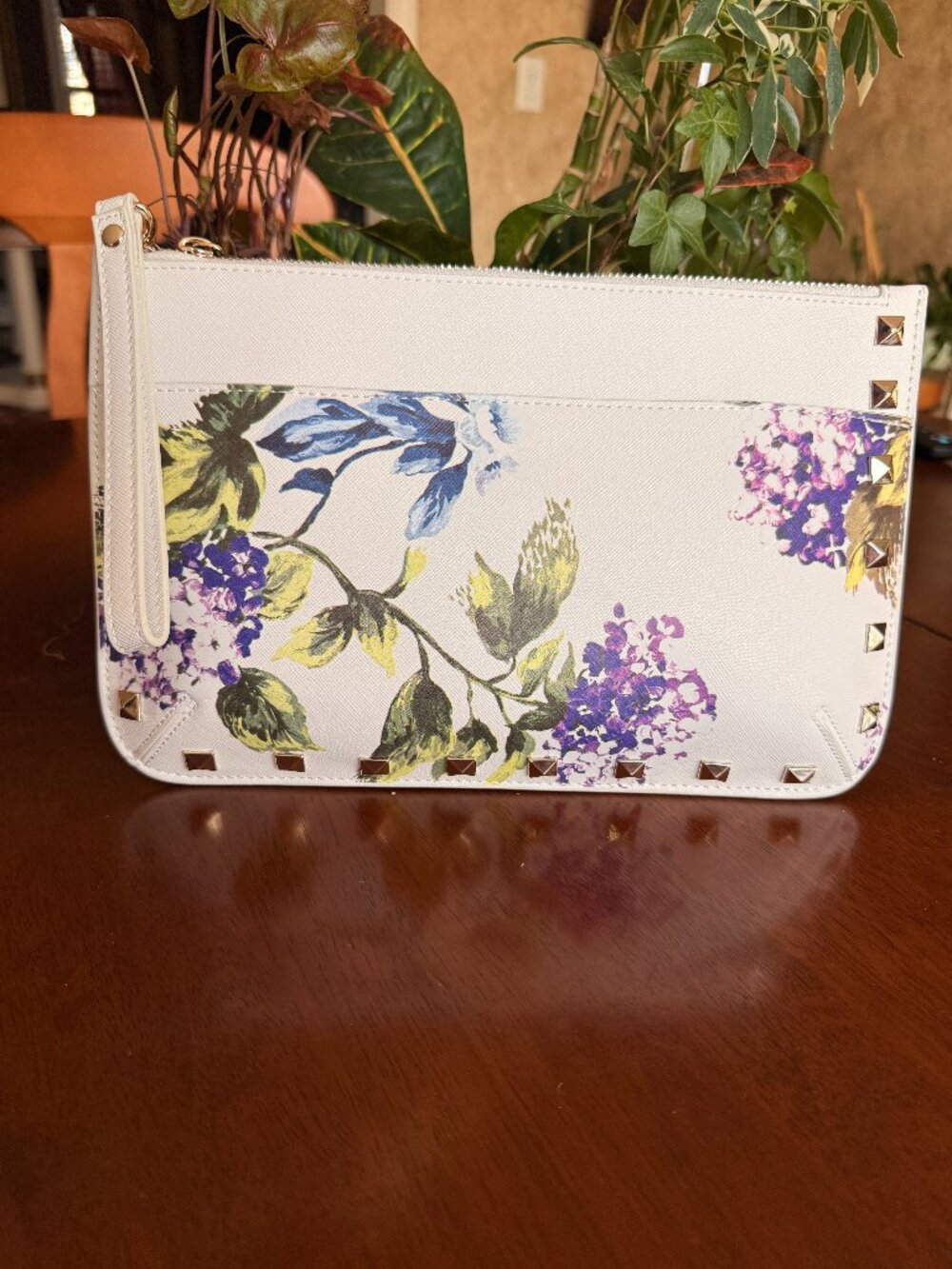 White floral clutch with gold studs
